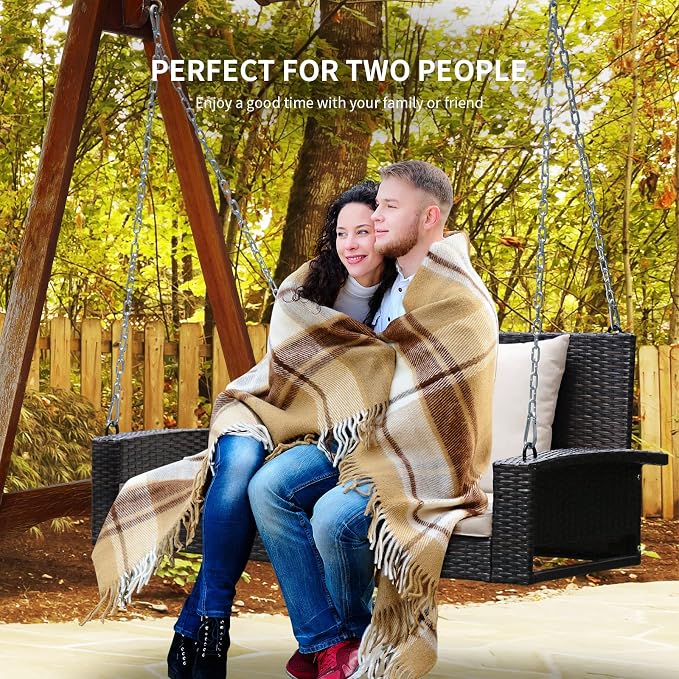 Porch Swing 2-Seat PE Rattan Outdoor Swing with Cushions in Beige