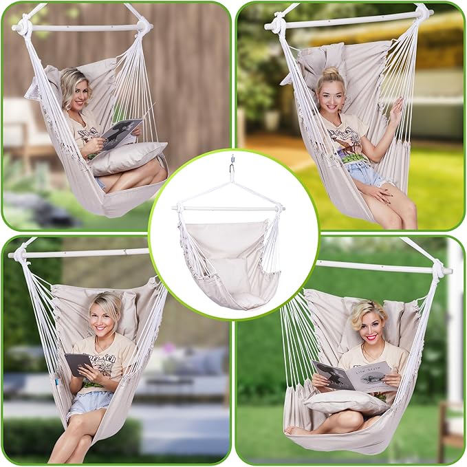 Hammock Chair in Cream, Oversized Hanging Rope Swing with Steel Spreader Bar