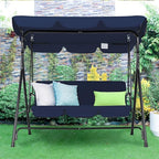 AECOJOY Porch Swing with Stand, 3-Seat Outdoor Clearance Porch Swings for Adults, Outdoor Patio Swing with Adjustable Canopy & Removable Cushion for Backyard, Garden, Yard, Poolside, Balcony (Blue)