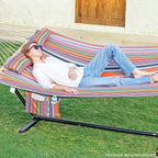 2 Person 12FT Hammocks for Outside, Double Quilted Fabric Outdoor Hammock with Spreader Bar, Large Removable Pillow, Storage Pockets, Carabiners, Max 475 lbs Capacity (Sunset Red Stripe)