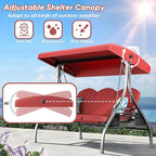 3 Seat Outdoor Porch Patio Swing with Stand 800lbs 2-in-1 Convertible Swing Bed with Adjustable Canopy & Removable Cushion for Yard Garden Deck (Wine Red, Square Tube)