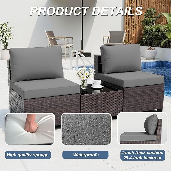 ALAULM Patio Furniture Set with Fire Pit Table 55000 BTU, Outdoor Sectional with Wide Seat and Thick Cushion, 15 Piece Wicker Rattan Conversation Set with Coffee Table for Garden, Deck, Grey