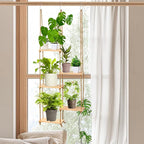 Novabright Window Hanging Plant Shelf with Wooden Shelves Macrame Rope Hanging Plant Stand with 3 S Hooks for Indoor Outdoor Bedroom Window Sill Balcony Boho Decor (Natural Wood Color,1 Pcs)