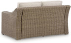 Signature Design by Ashley Carmel Bay Casual Outdoor Loveseat with Cushion, Weather Resistance and Armrest, Beige & Dark Brown