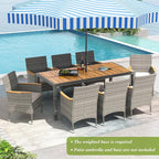 Tangkula 9 Pieces Patio PE Wicker Dining Set, Outdoor Acacia Wood Table and Chairs for 8 with Cushions and 2" Umbrella Hole, Outdoor Dining Furniture Set for Deck, Garden and Yard (Mix Grey+White)