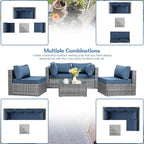 Shintenchi 5 Pieces Outdoor Patio Sectional Sofa Couch, Silver Gray PE Wicker Furniture Conversation Sets with Washable Cushions & Glass Coffee Table for Garden, Poolside, Backyard (Aegean Blue)