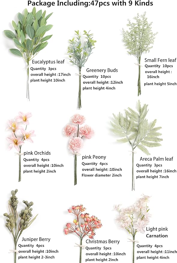 Artificial Plants Greenery Stems Set, 47 Pieces in 9 Varieties, Pink & Green
