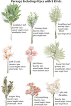 Artificial Plants Greenery Stems Set, 47 Pieces in 9 Varieties, Pink & Green