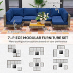 Outsunny 7 Piece Wicker Patio Furniture Set, Modular Outdoor Sectional with Thickened Cushions, Rattan Outdoor Furniture Conversation Set with Slatted Acacia Wood Table for Backyard, Brown/Dark Blue
