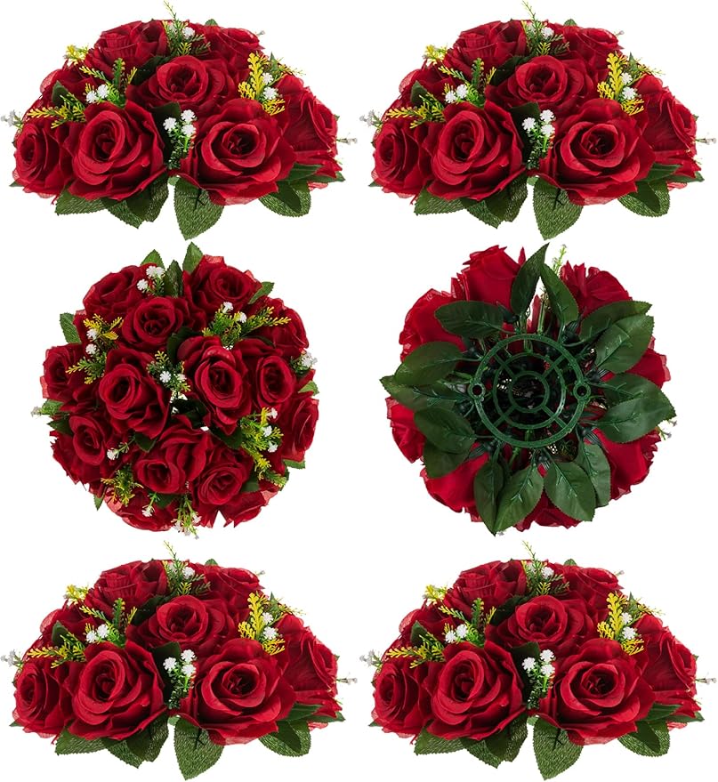 Artificial Flowers Crimson Faux Silk Rose Ball Centerpiece, Zip Ties Included