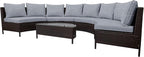 Merax 5-Piece Outdoor Sectional Sofa Set, All-Weather PE Wicker Patio Furniture with Tempered Glass Table, Half-Moon Conversation Set for Garden, Deck, Backyard Living Area,Grey