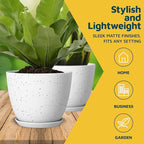 White Gray Plant Pots with Drainage Holes & Saucers 5 Pack, Indoor & Outdoor Stackable Space-Saving Planters for Houseplants & Flowers, (7", 6.7", 6", 5.3", and 4.8" Inches), Durable & Weatherproof