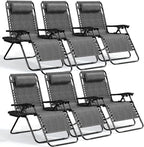 Nestl Zero Gravity Chairs Set of 6, Patio Lounge Chair Outdoor with Pillows & Cup Holder Trays, Adjustable Steel Mesh Reclining Camping Chair, Folding Patio Lawn Chair for Deck, Beach, Yard - Grey