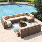 Aoxun 11 Piece Patio Furniture Set Wicker Rattan Patio Conversation Set Outdoor Sectional Sofa Set with Coffee Table and Thickened Cushions, Beige(Waterproof Cover Included)