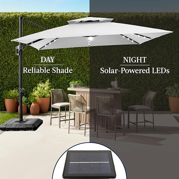 Best Choice Products 9x12ft LED Cantilever Patio Umbrella w/Base Included & 360° Rotation, Large Solar Offset Hanging Outdoor Sun Shade for Deck, Backyard Table w/Stand & Lights – Fog Gray