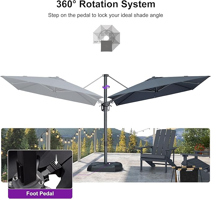 PURPLE LEAF 8' X 8' Left-right Tilting Patio Umbrella Outdoor Cantilever Swivel Square Umbrella Aluminum Offset Umbrella with 360-degree Rotation for Garden Deck Pool Patio Grey