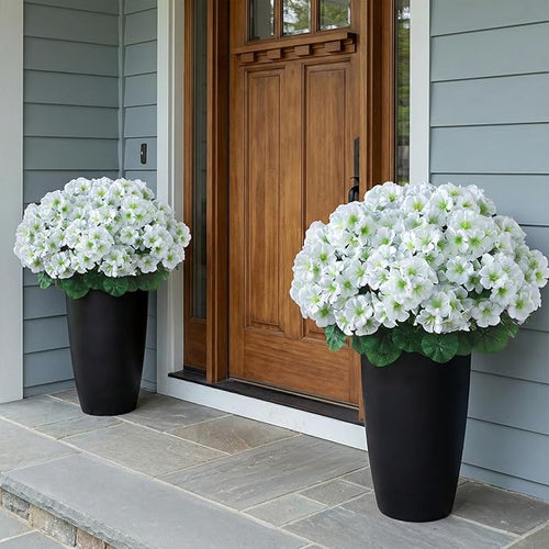 2 Pack Artificial Geranium Flowers Topitary Trees for Outdoors, UV Resistant Geraniums Potted Bushes Look Real Silk Faux Plants for Front Door Garden Porch Planter Farmhouse Home Decor (White)