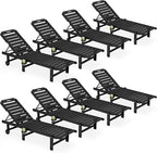 SERWALL Outdoor Chaise Lounge Set of 8, HDPE Pool Lounge Chairs with 5-Position Adjustable Backrest, Patio Loungers with Rolling Wheels & Cup Holder for Pool Sunbathing, Black