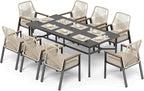9 Pieces Patio Dining Set, 8 x Woven Rattan Chairs with Waterproof Cushion, 83" Rectangular Metal Dining Table with Umbrella Hole, Outdoor Table and Chairs Set for Backyard Lawn and Deck, Beige