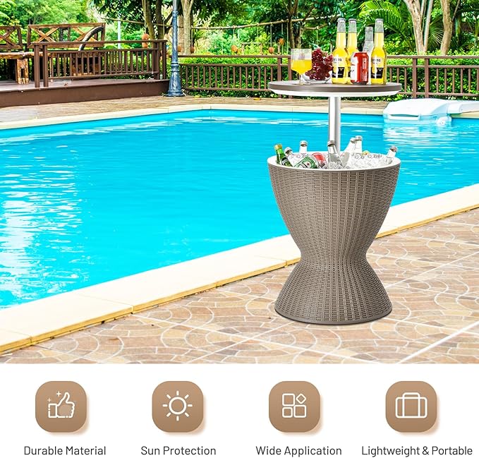Tangkula Outdoor Cool Bar Table, Rattan Style Patio 8 Gallon Beer and Wine Cooler, All-Weather Ice Bucket w/Height Adjustable Top, Drainage Plug, 3-in-1 Cocktail Coffee Table for Party, Pool (Coffee)