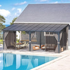 AECOJOY 20' x 8' Outdoor Gazebo Pergola with Curtains and Netting, 8'x20' Large Wall-Mounted Hardtop Lean to Gazebo Shelter Pergolas and Gazebos Clearance with Patio Roof, Heavy Duty Metal Awnings