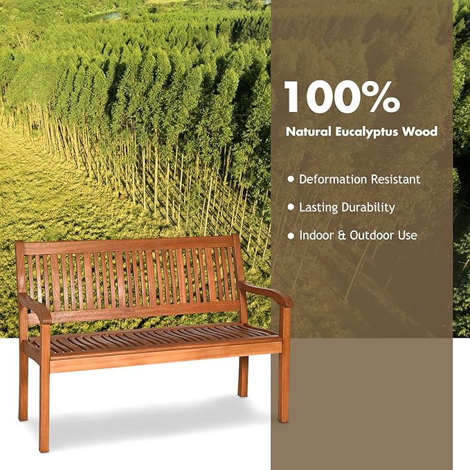 COSTWAY Wooden Bench Outdoor, Curved Armrest & Backrest, Sturdy Outdoor Wood Bench for Garden, Park & Porch, 25" D x 50" W x 36" H, Teak Colored
