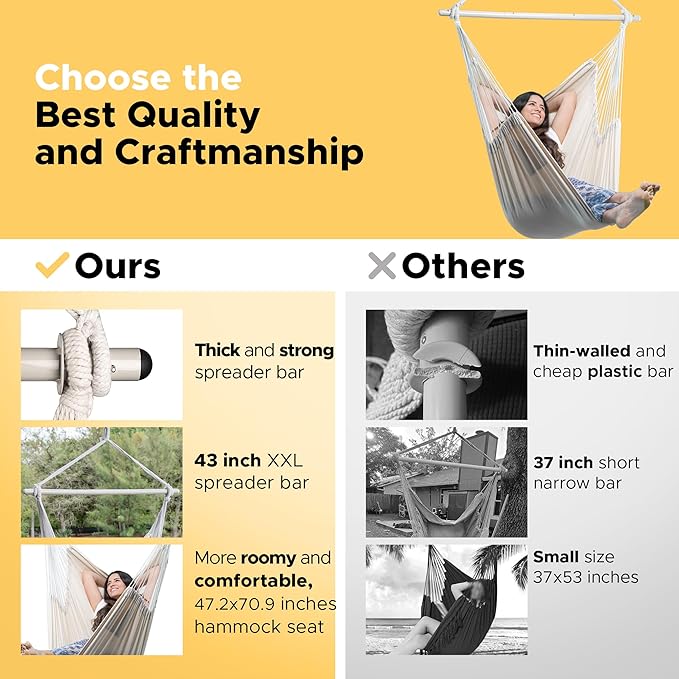 Hammock Chair, 500 lb Capacity, Beige Hanging Swing for Adults