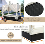 Patio Chaise Lounge, PE Rattan Outdoor Patio Wicker Sunbed Daybed with Adjustable Seats, Four-sided Canopy, Overhead Curtain and Beige Cushions for Backyard, Garden, Poolside (for 2-6 people)