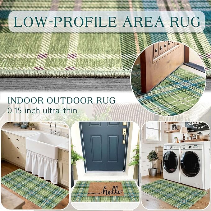 Outdoor Rug Plaid Door Mat, Sage Green Textured, 2 x 4.3 Ft