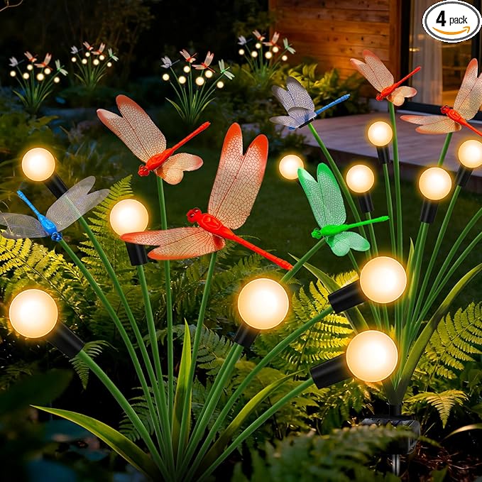 Solar Garden Lights Outdoor - 4 Pack Dragonfly Solar Swaying Light, Sway by Wind, Firefly Lights Outdoor Yard Patio Pathway Decoration, Big Bulb, High Flexibility Iron Wire & Realistic Dragonflies