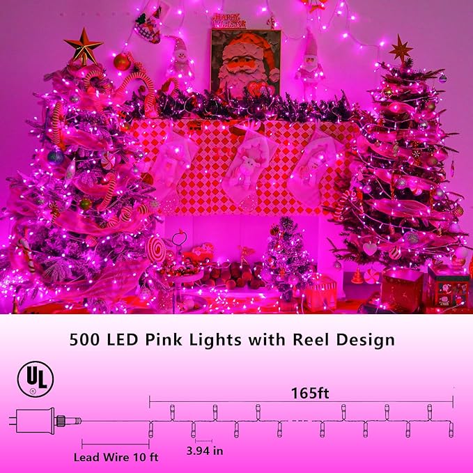 String Lights 165ft 500 LED Pink, Waterproof with Memory and Timer