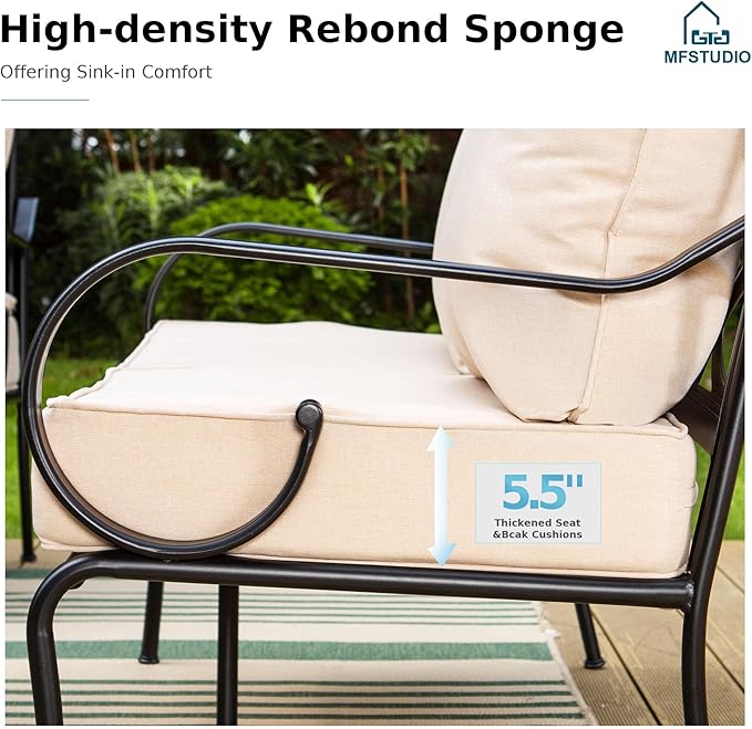 MFSTUDIO 7 Seats Large Metal Patio Conversation Sets, 5 Pieces Outdoor Furniture Sofa with 2 Fixed Chairs, 1 Sofa(3-seat), 1 Loveseat and Table for Outside Balcony Backyard Poolside
