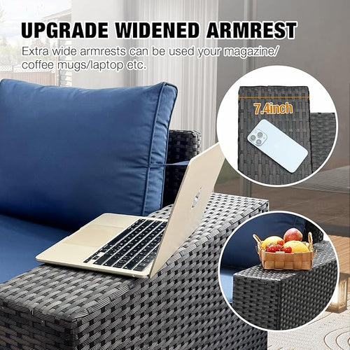 5 Pieces Patio Furniture Set All-Weather Outdoor Wicker Sectional Conversation Sofa Rattan Patio Seating Sofa with Cushion and Glass Table and Ottoman for Porch Poolside,Navy