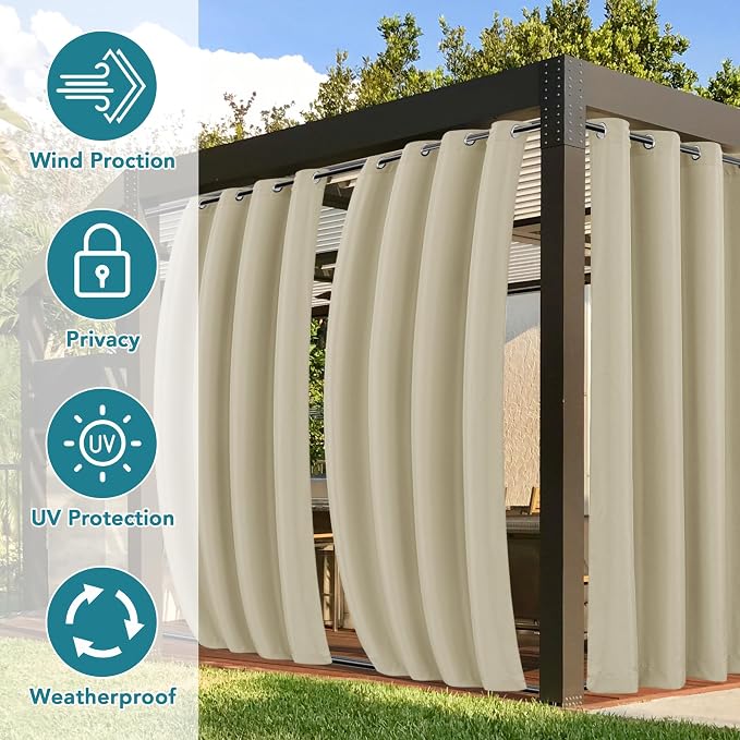 Outdoor Curtains, Cream Waterproof Windproof Privacy Panels, 54 x 108 In
