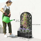 Outsunny Metal Raised Garden Bed with Trellis for Climbing Plants, Freestanding or Wall Mounted Flower Bed with Cueved Privacy Panel, Leaves Cut-Out Outdoor Planter Box for Garden, Patio, Balcony