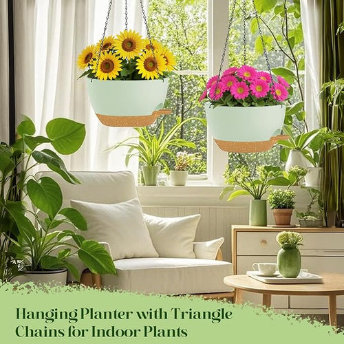 2 Pack 10 Inch Self Watering Hanging Planters for Indoor Plants, Large Green Brown Plastic Hanging Pots with Chains for Outdoor Patio Garden Home Decor (Green Brown)