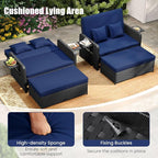 HAPPYGRILL Patio Rattan Wicker Daybed with Loveseat & Storage Ottoman, Outdoor Lounge Sofa Furniture Set with Adjustable Backrest & Side Trays, for Poolside Deck Porch Lawn (Black & Navy)