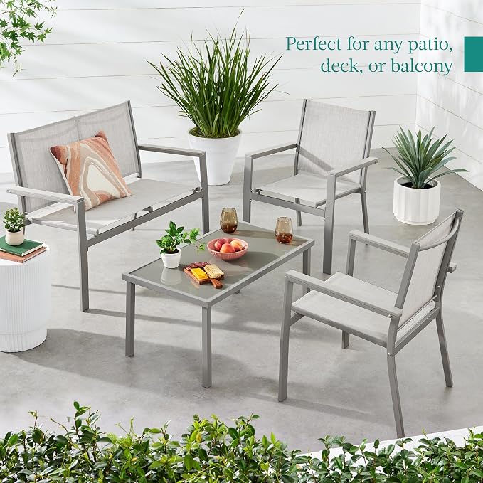 Conversation Set, 4-Piece Gray Textilene Patio Furniture with Glass Table