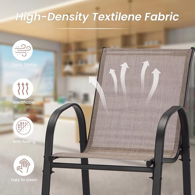HOMREST Outdoor Bar Height Stools Set of 6,High Back Patio Chairs with Armrests,Textilene Chairs with Breathable Fabric & Metal Frame for All Weather,Taupe