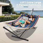 SUPERJARE Curved-Bar Hammock with Stand, 2 Person Heavy Duty Hammock Frame, Detachable Pillow & Portable Carrying Bag, Perfect for Outdoor & Indoor, Retro Blue and Green