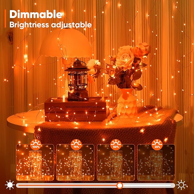 Indoor String Lights, Battery Powered Orange LED, 65.6 Ft Remote Control