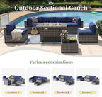 Aoxun 8 Piece Patio Furniture Set with 44'' Fire Pit Table Wicker Rattan Patio Conversation Set Outdoor Sectional Sofa Set with Coffee Table, Grey/Blue(Waterproof Cover Included)