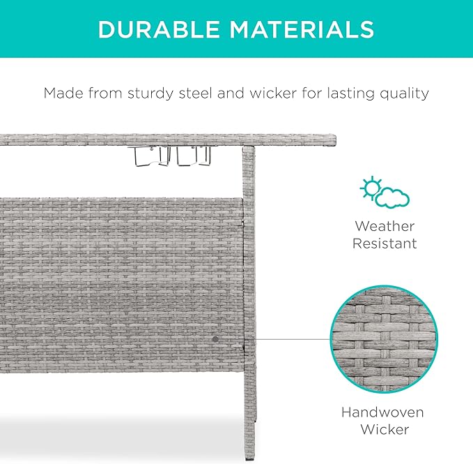 Bar Table with Wicker Finish, Steel Shelves and Rails in Gray
