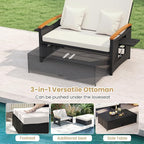 Tangkula Patio Rattan Daybed with 4-Level Adjustable Backrest, Outdoor Wicker Loveseat with Acacia Wood Armrest, Storage Ottoman & Folding Tray, Double Sunbed for Yard & Poolside (White & Black)