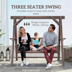 Outsunny 3 Seat Porch Swing with Stand, Wooden Patio Swing Chair with Side Tables and Metal Chains, Outdoor Swing Bench for Garden, Poolside, Backyard, Carbonized Brown