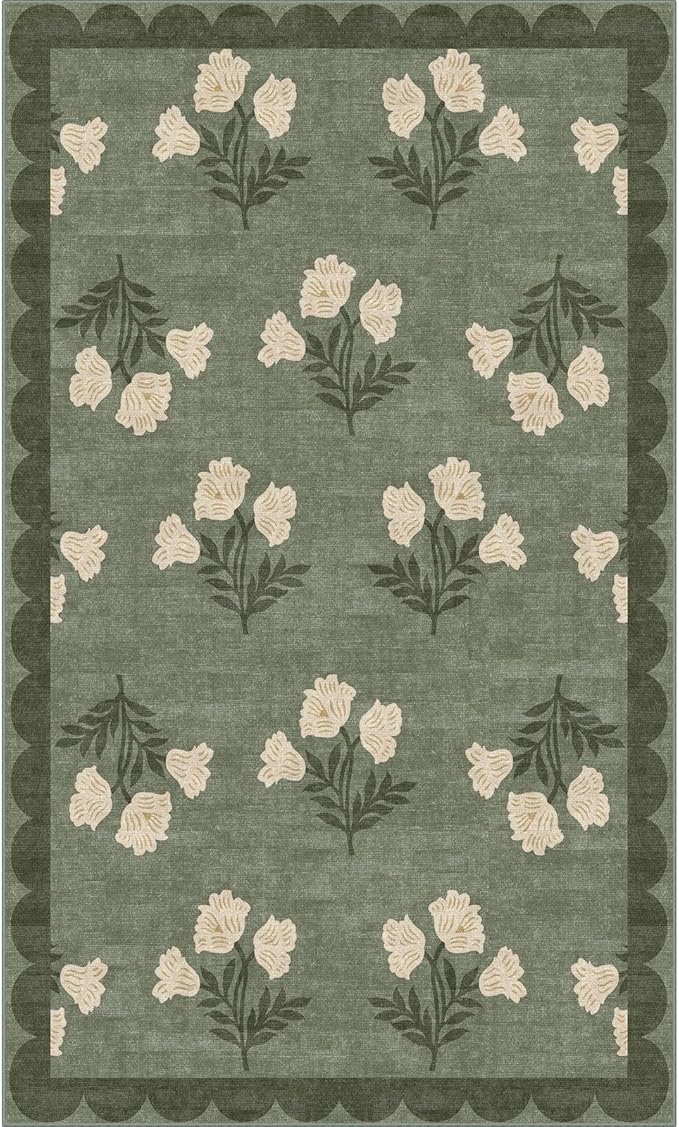 Outdoor Rug 3x5 ft Washable Floral Entryway Mat in Sage Green