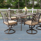 7-Piece Cast Aluminum Patio Furniture, Patio Dining Set for 6 Include 59" Rectangular Outdoor Dining Table and 6 Swivel Chairs with Cushions & Umbrella Hole(Bronze)