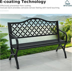 MFSTUDIO 50" Lucky Clover Outdoor Bench, Black Cast Iron Back with Waterproof E-Coating, Durable Patio Garden Bench Park Chair, Black