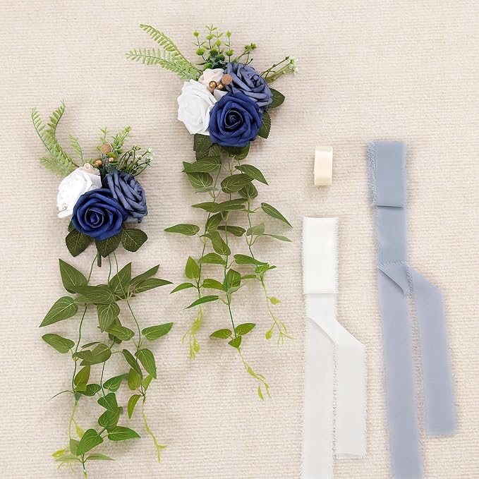 Artificial Wedding Pew Flowers, Blue Roses with Chiffon Ribbon, Set of 10