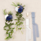 Artificial Wedding Pew Flowers, Blue Roses with Chiffon Ribbon, Set of 10